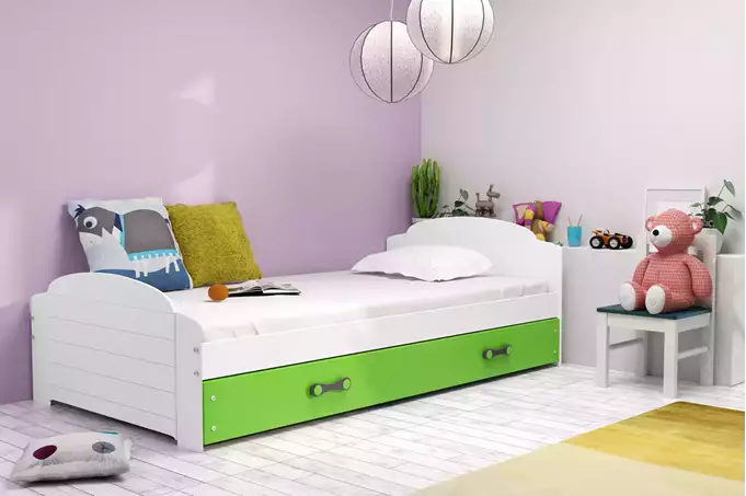 Visualizzazione per Letto singolo per giovani LILI 90x200 con materasso e cassetto, bianco/verde