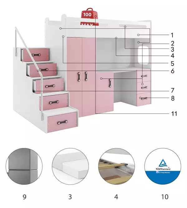 Componenti del Letto singolo per giovani MAX 4 80X200 con materasso e scrivania, rosa Componenti del Letto singolo per giovani MAX 4 80X200 con materasso e scrivania, rosa