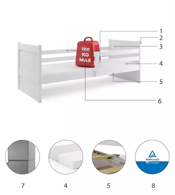 Componenti del Letto singolo per giovani RICO 80x190, bianco Componenti del Letto singolo per giovani RICO 80x190, bianco