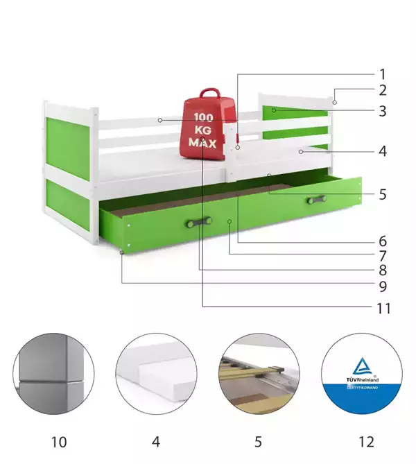 Componenti del Letto singolo per giovani RICO 80x190 con cassetto, bianco/verde