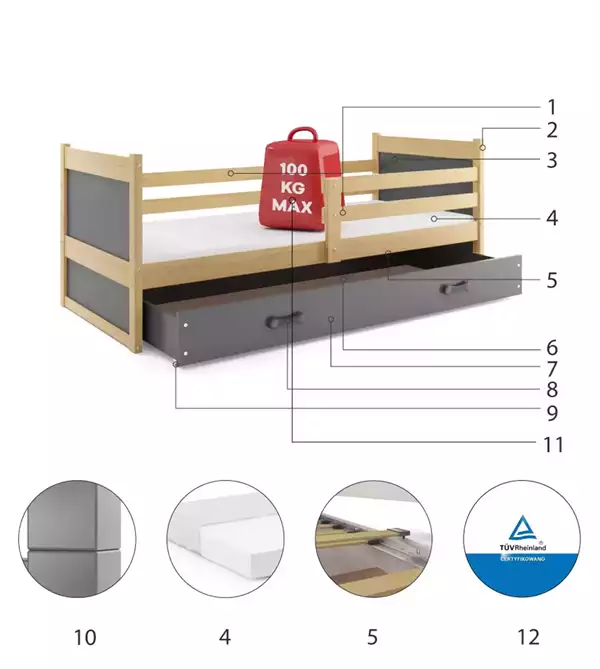 Componenti del Letto singolo per giovani RICO 80X190 con materasso e cassetto, pino/grafite Componenti del Letto singolo per giovani RICO 80X190 con materasso e cassetto, pino/grafite