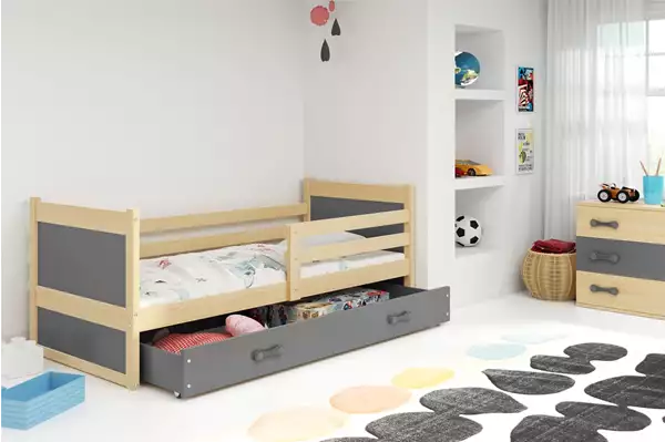 Visualizzazione per Letto singolo per giovani RICO 80X190 con materasso e cassetto, pino/grafite Visualizzazione per Letto singolo per giovani RICO 80X190 con materasso e cassetto, pino/grafite