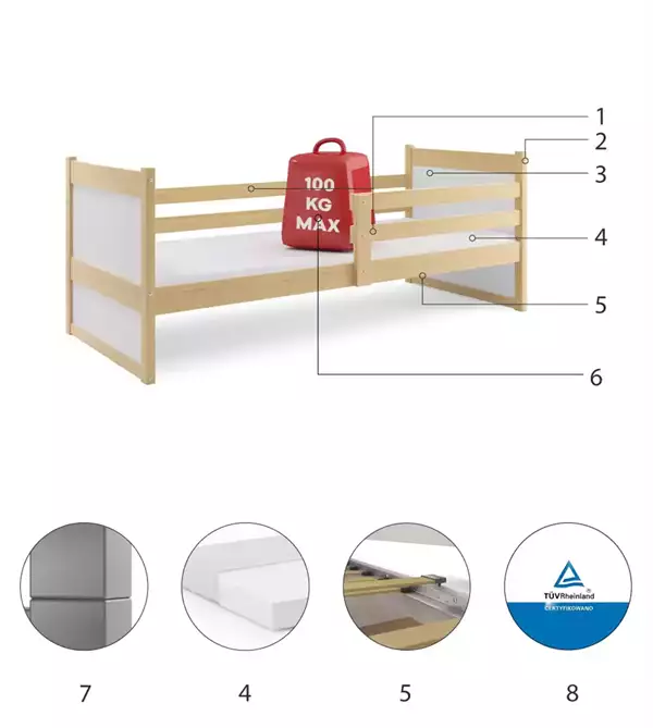 Componenti del Letto singolo per giovani RICO 80x190 con materasso, pino/bianco