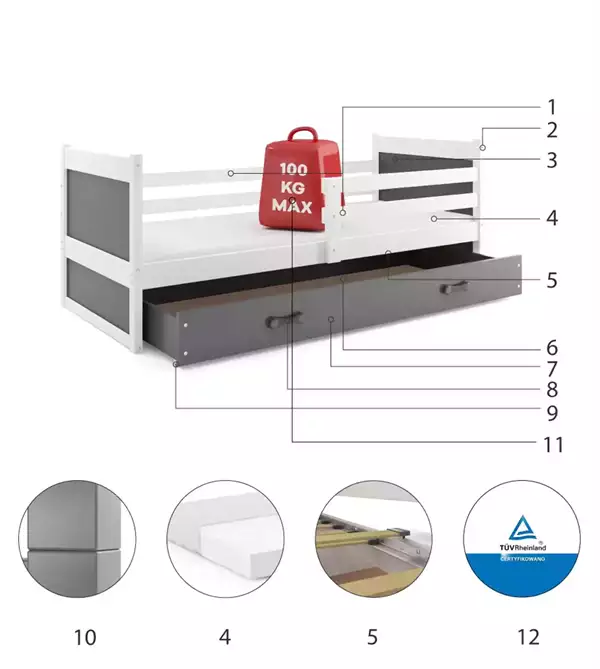 Componenti del Letto singolo per giovani RICO 90X190 con cassetto, bianco/grafite Componenti del Letto singolo per giovani RICO 90X190 con cassetto, bianco/grafite