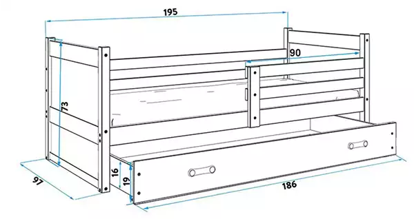 Misura del Letto singolo per giovani RICO 90X190 con cassetto, bianco/grafite Misura del Letto singolo per giovani RICO 90X190 con cassetto, bianco/grafite