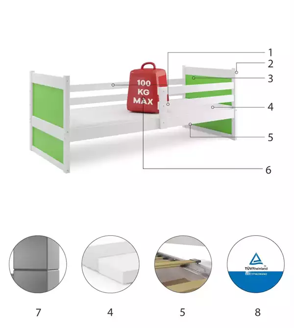 Componenti del Letto singolo per giovani RICO 90x190 con materasso, bianco/verde Componenti del Letto singolo per giovani RICO 90x190 con materasso, bianco/verde