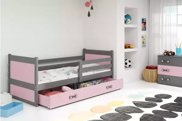 Visualizzazione per Letto singolo per giovani RICO 90X190 con materasso e cassetto, grafite/rosa Visualizzazione per Letto singolo per giovani RICO 90X190 con materasso e cassetto, grafite/rosa