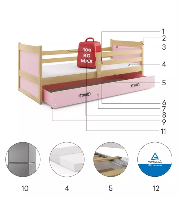Componenti del Letto singolo per giovani RICO 90x190 con materasso e cassetto, pino/rosa Componenti del Letto singolo per giovani RICO 90x190 con materasso e cassetto, pino/rosa