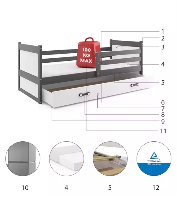 Componenti del Letto singolo per giovani RICO 90X200 con cassetto, grafite/bianco Componenti del Letto singolo per giovani RICO 90X200 con cassetto, grafite/bianco