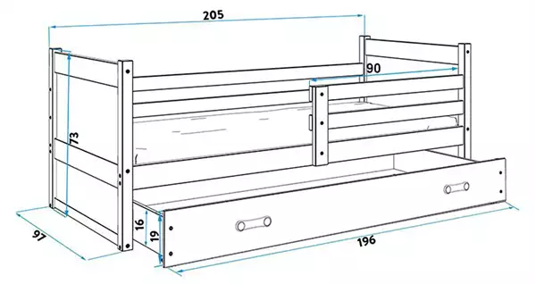 Misura del Letto singolo per giovani RICO 90X200 con cassetto, grafite/bianco Misura del Letto singolo per giovani RICO 90X200 con cassetto, grafite/bianco