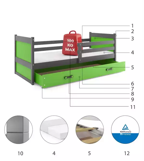 Componenti del Letto singolo per giovani RICO 90x200 con cassetto, grafite/verde