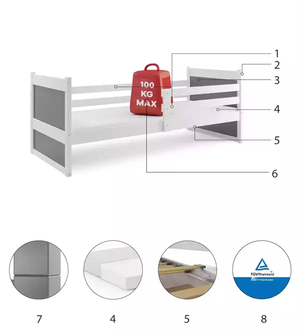 Componenti del Letto singolo per giovani RICO 90X200 con materasso, bianco/grafite Componenti del Letto singolo per giovani RICO 90X200 con materasso, bianco/grafite