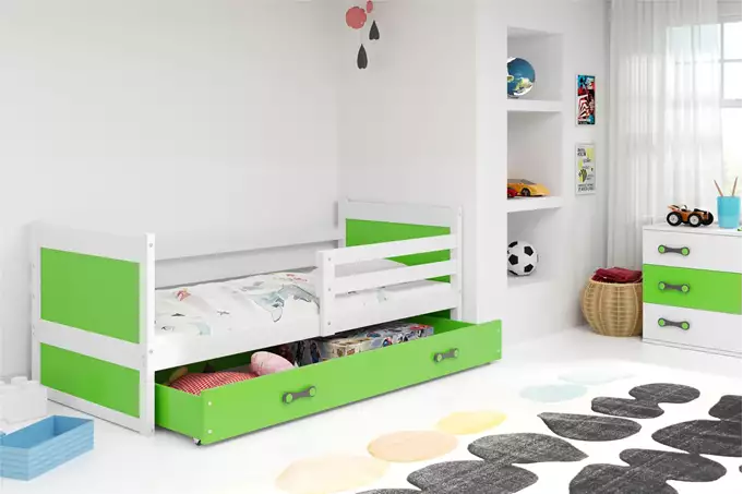 Visualizzazione per Letto singolo per giovani RICO 90X200 con materasso e cassetto, bianco/verde