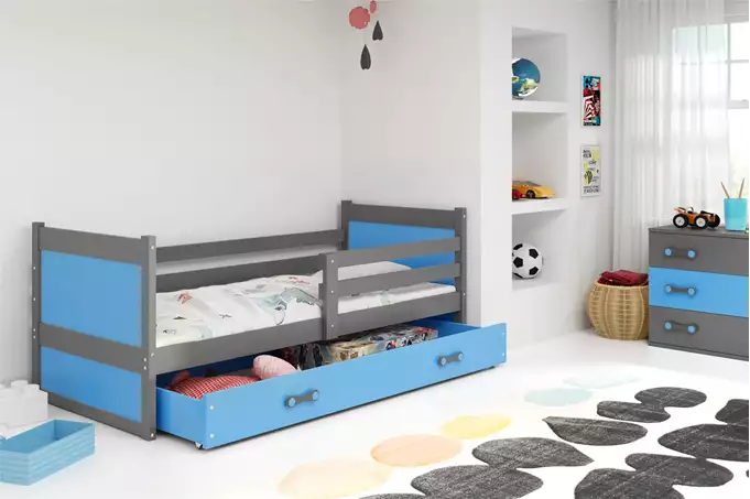 Visualizzazione per Letto singolo per giovani RICO 90x200 con materasso e cassetto, grafite/blu