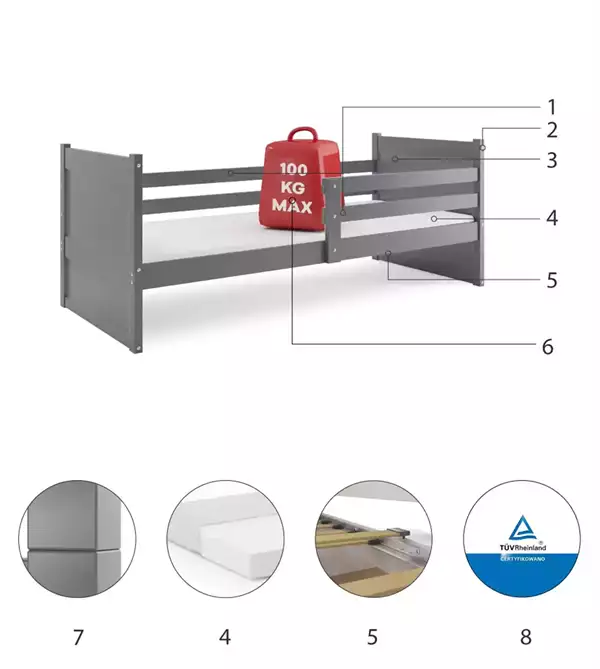 Componenti del Letto singolo per giovani RICO 90x200 con materasso, grafite Componenti del Letto singolo per giovani RICO 90x200 con materasso, grafite