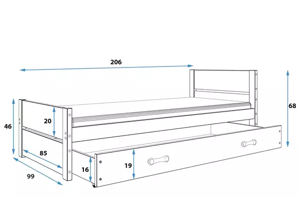 Misura del Letto singolo per ragazzi BARTEK 90X200 con cassetto, bianco Misura del Letto singolo per ragazzi BARTEK 90X200 con cassetto, bianco