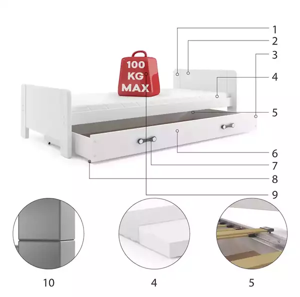 Componenti del Letto singolo per ragazzi DAREK 80X200 con cassetto, bianco Componenti del Letto singolo per ragazzi DAREK 80X200 con cassetto, bianco