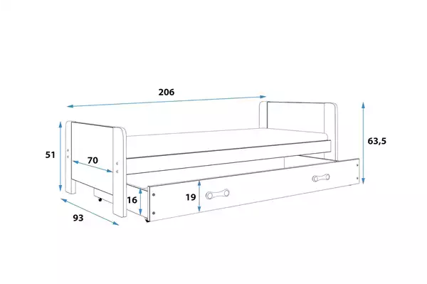 Misura del Letto singolo per ragazzi DAREK 80X200 con cassetto, bianco Misura del Letto singolo per ragazzi DAREK 80X200 con cassetto, bianco