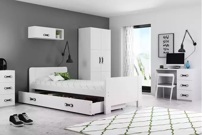 Visualizzazione per Letto singolo per ragazzi DAREK 80x200 con materasso e cassetto, bianco