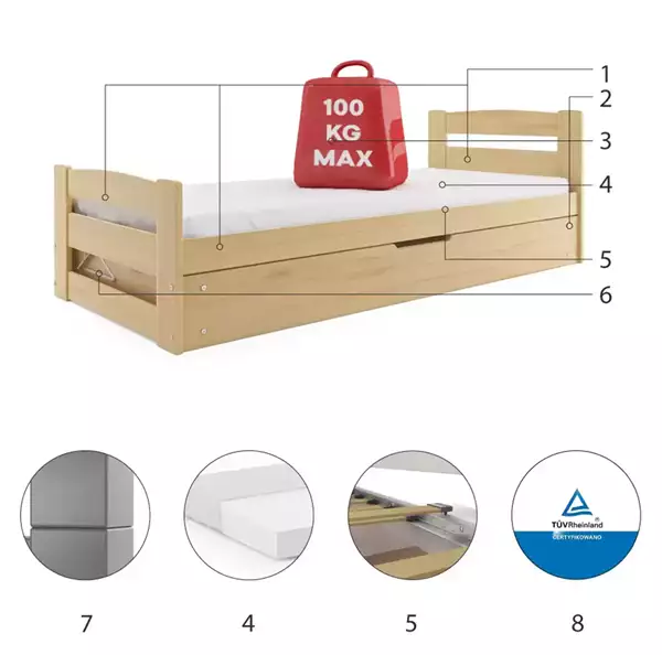 Componenti del Letto singolo per ragazzi ERNI 90x200 con contenitore, pino Componenti del Letto singolo per ragazzi ERNI 90x200 con contenitore, pino