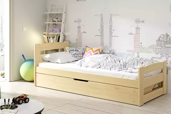 Visualizzazione per Letto singolo per ragazzi ERNI 90x200 con contenitore, pino Visualizzazione per Letto singolo per ragazzi ERNI 90x200 con contenitore, pino