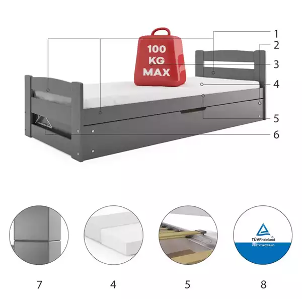 Componenti del Letto singolo per ragazzi ERNI 90x200 con materasso e contenitore, grafite Componenti del Letto singolo per ragazzi ERNI 90x200 con materasso e contenitore, grafite