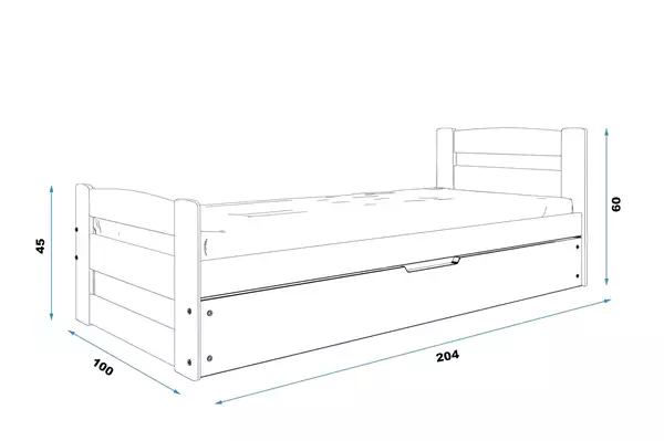 Misura del Letto singolo per ragazzi ERNI 90x200 con materasso e contenitore, grafite Misura del Letto singolo per ragazzi ERNI 90x200 con materasso e contenitore, grafite