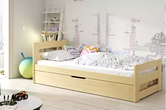 Visualizzazione per Letto singolo per ragazzi ERNI 90x200 con materasso e contenitore, pino