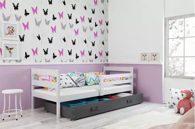 Visualizzazione per Letto singolo per ragazzi ERYK 80x190 con materasso e cassetto, bianco/grafite