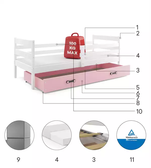 Componenti del Letto singolo per ragazzi ERYK 80x190 con materasso e cassetto, bianco/rosa Componenti del Letto singolo per ragazzi ERYK 80x190 con materasso e cassetto, bianco/rosa