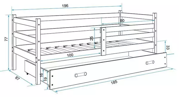 Misura del Letto singolo per ragazzi ERYK 80x190 con materasso e cassetto, bianco/rosa Misura del Letto singolo per ragazzi ERYK 80x190 con materasso e cassetto, bianco/rosa