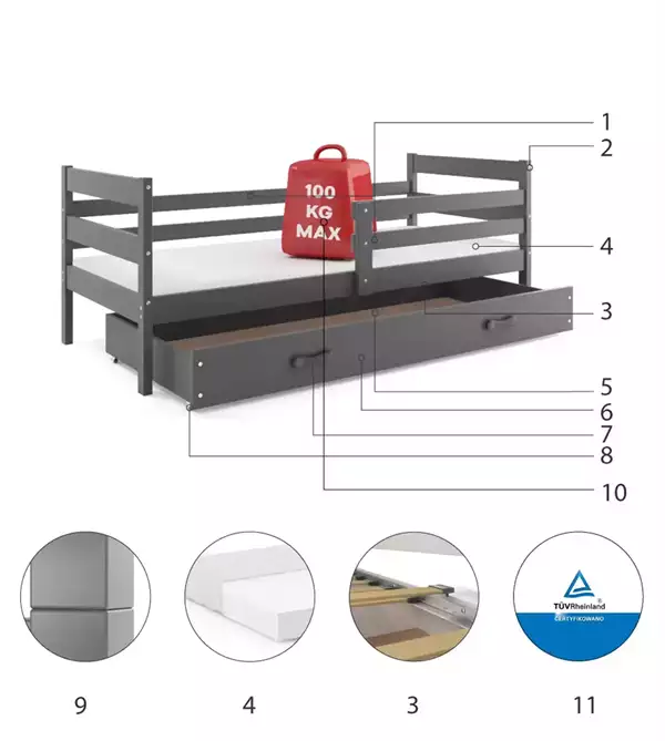 Componenti del Letto singolo per ragazzi ERYK 80X190 con materasso e cassetto, grafite Componenti del Letto singolo per ragazzi ERYK 80X190 con materasso e cassetto, grafite