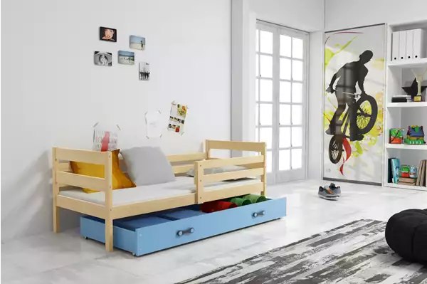Visualizzazione per Letto singolo per ragazzi ERYK 80x190 con materasso e cassetto, pino/blu Visualizzazione per Letto singolo per ragazzi ERYK 80x190 con materasso e cassetto, pino/blu