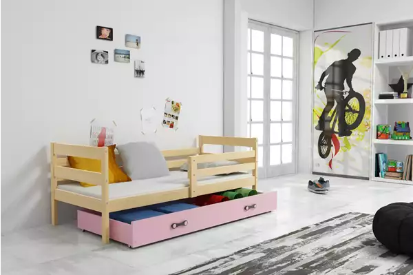 Visualizzazione per Letto singolo per ragazzi ERYK 80X190 con materasso e cassetto, pino/rosa Visualizzazione per Letto singolo per ragazzi ERYK 80X190 con materasso e cassetto, pino/rosa