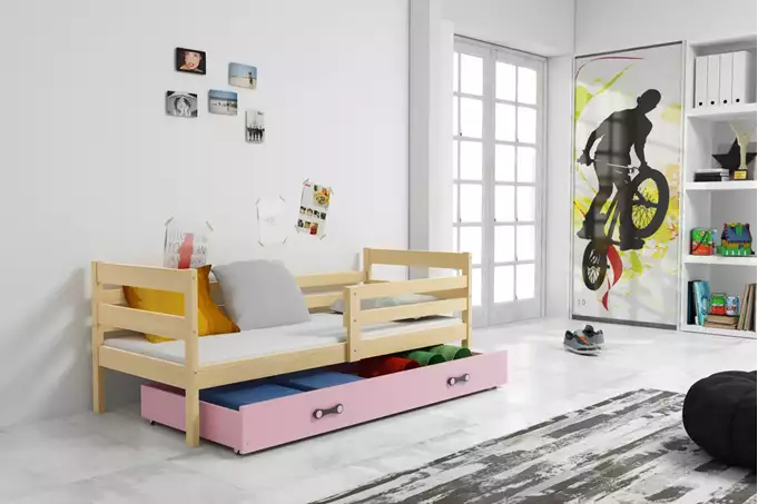 Visualizzazione per Letto singolo per ragazzi ERYK 80X190 con materasso e cassetto, pino/rosa