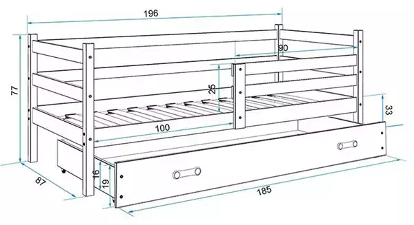 Misura del Letto singolo per ragazzi ERYK 80X190 con materasso, pino Misura del Letto singolo per ragazzi ERYK 80X190 con materasso, pino
