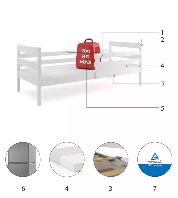 Componenti del Letto singolo per ragazzi ERYK 90x190, bianco Componenti del Letto singolo per ragazzi ERYK 90x190, bianco