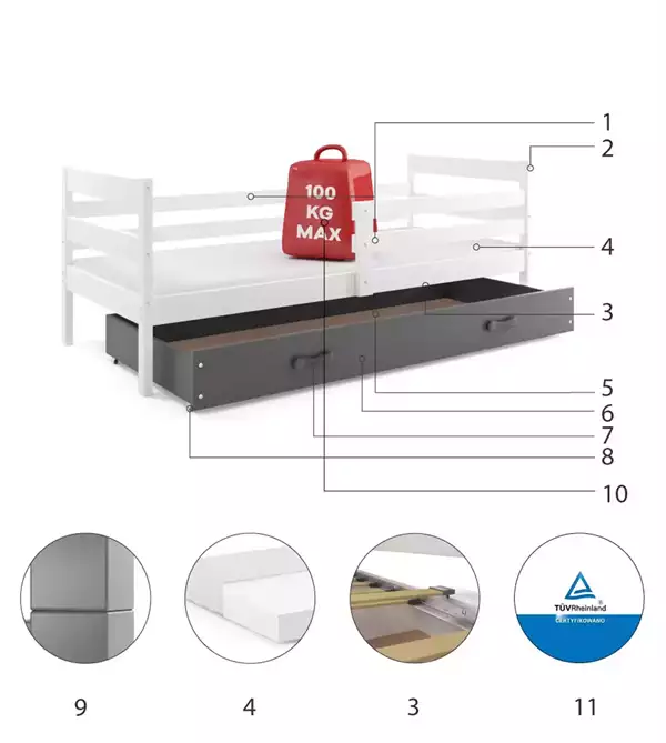 Componenti del Letto singolo per ragazzi ERYK 90X190 con cassetto, bianco/grafite Componenti del Letto singolo per ragazzi ERYK 90X190 con cassetto, bianco/grafite
