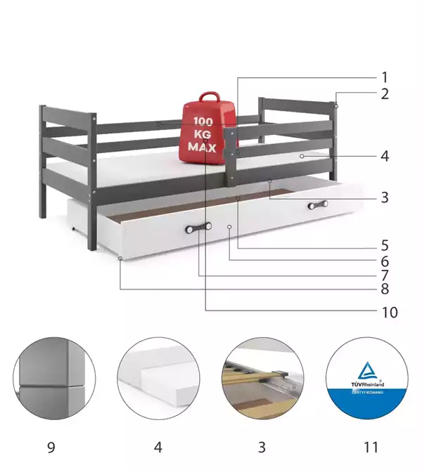 Componenti del Letto singolo per ragazzi ERYK 90x190 con cassetto, grafite/bianco Componenti del Letto singolo per ragazzi ERYK 90x190 con cassetto, grafite/bianco