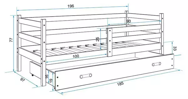 Misura del Letto singolo per ragazzi ERYK 90x190 con cassetto, pino/verde