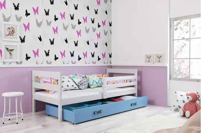 Visualizzazione per Letto singolo per ragazzi ERYK 90x190 con materasso e cassetto, bianco/blu