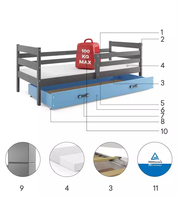 Componenti del Letto singolo per ragazzi ERYK 90x190 con materasso e cassetto, grafite/blu