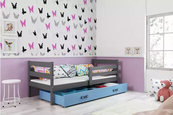 Visualizzazione per Letto singolo per ragazzi ERYK 90x190 con materasso e cassetto, grafite/blu