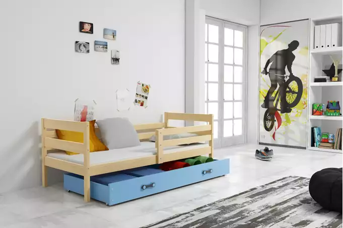 Visualizzazione per Letto singolo per ragazzi ERYK 90X190 con materasso e cassetto, pino/blu