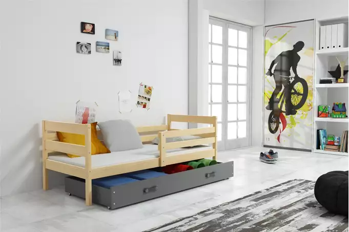 Visualizzazione per Letto singolo per ragazzi ERYK 90x190 con materasso e cassetto, pino/grafite
