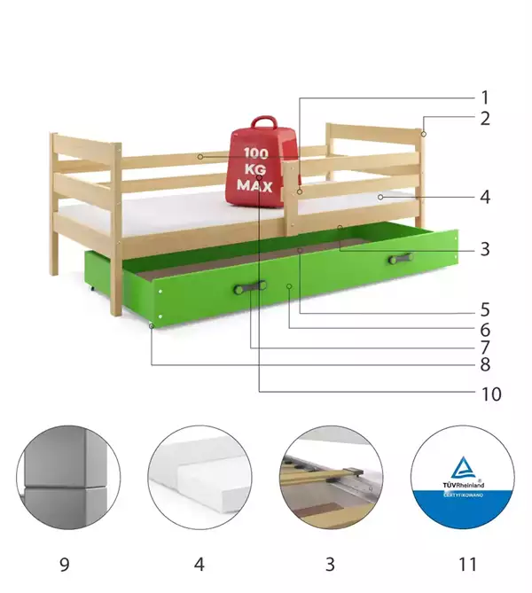 Componenti del Letto singolo per ragazzi ERYK 90X190 con materasso e cassetto, pino/verde