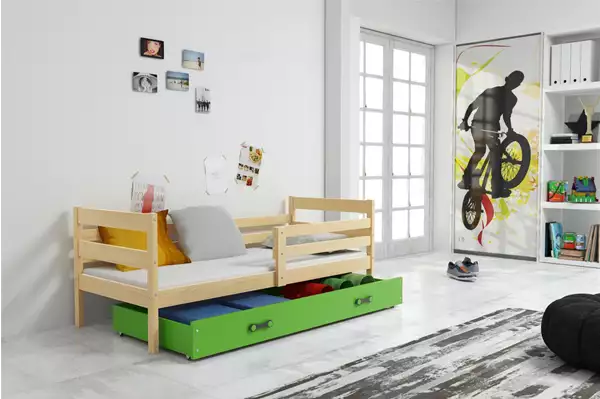 Visualizzazione per Letto singolo per ragazzi ERYK 90X190 con materasso e cassetto, pino/verde