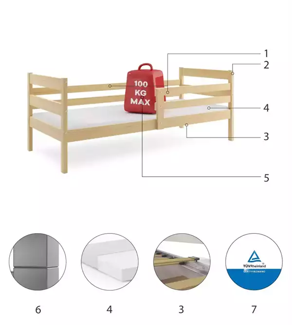 Componenti del Letto singolo per ragazzi ERYK 90x190, pino Componenti del Letto singolo per ragazzi ERYK 90x190, pino