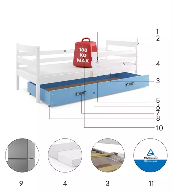 Componenti del Letto singolo per ragazzi ERYK 90X200 con cassetto, bianco/blu Componenti del Letto singolo per ragazzi ERYK 90X200 con cassetto, bianco/blu