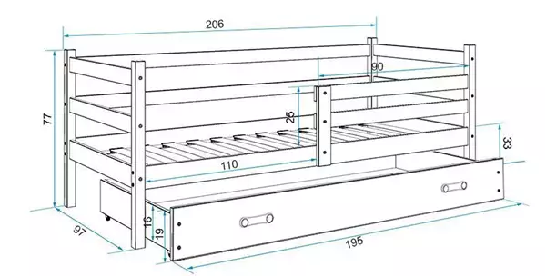 Misura del Letto singolo per ragazzi ERYK 90X200 con cassetto, bianco/blu Misura del Letto singolo per ragazzi ERYK 90X200 con cassetto, bianco/blu